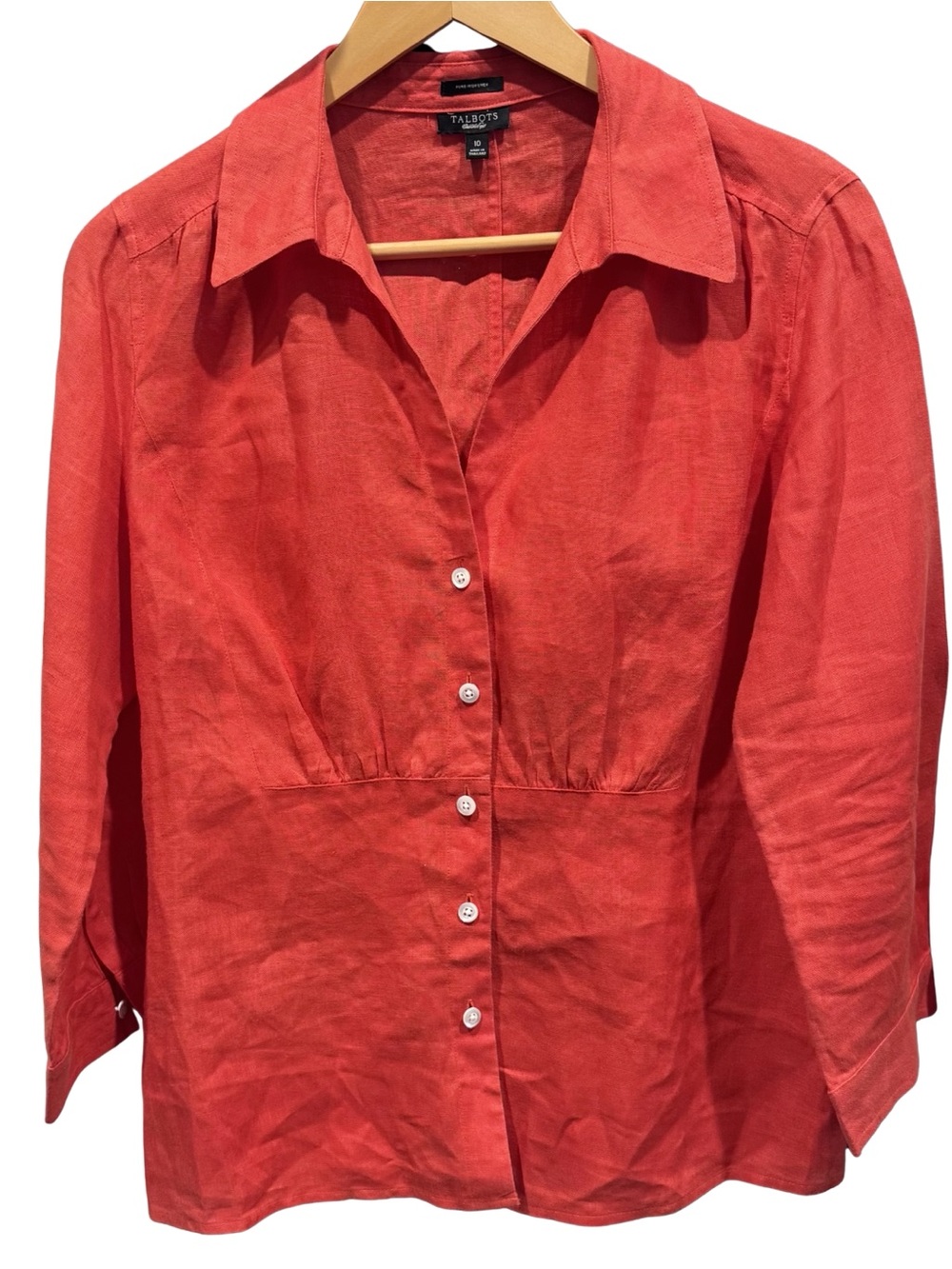 Talbots Pure Irish Linen Coral Button Front Blouse Size 10 Coastal Grandmother